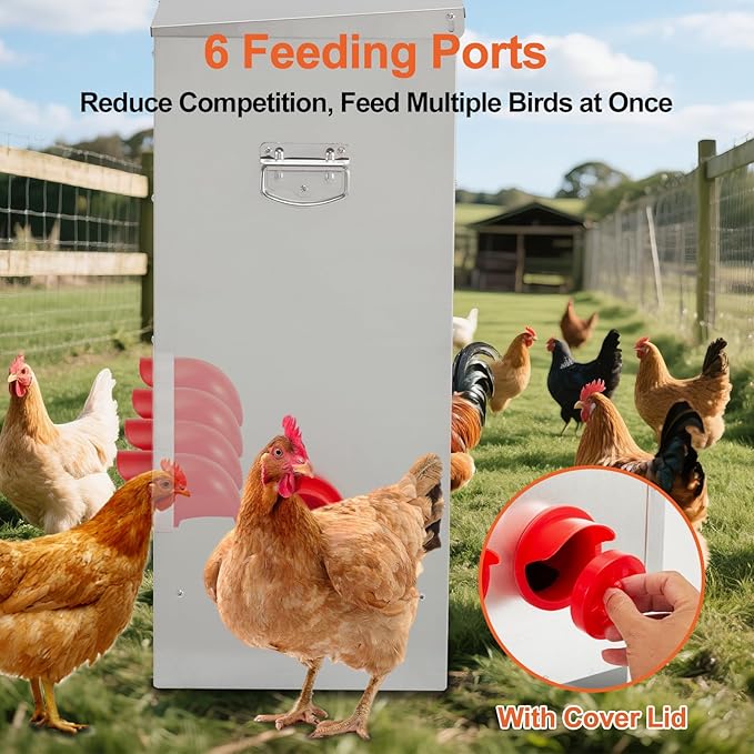 Large Automatic Chicken Feeder 85-120lbs, Galvanized Metal Chicken Food Dispenser, Rainproof & Rodent Proof No Waste Poultry Feeder for Backyard Coop, Farm, Ducks & Hens (6 Ports)