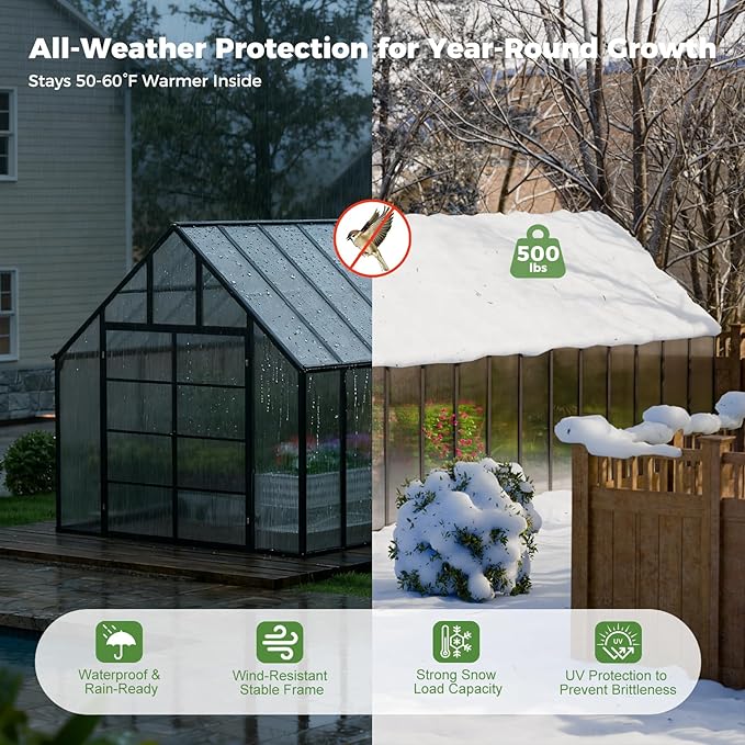 10'x10'x28' Snap-Together Greenhouse - Easy 3-Way Connectors, Heavy-Duty Aluminum Frame, Wind/Snow Resistant for Gardening/Urban Farming, Includes Sliding Door & Ventilation Windows