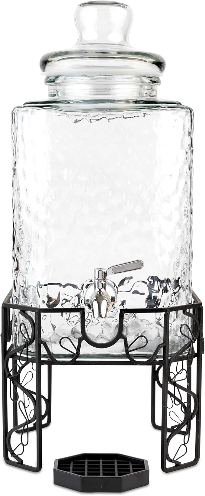 2.5 Gallon Glass Beverage Dispenser with Stainless Steel Spigot, Metal Stand, and Drip Tray – Mason Jar Style Drink Dispenser for Parties, Iced Tea, Water, Lemonade, and More