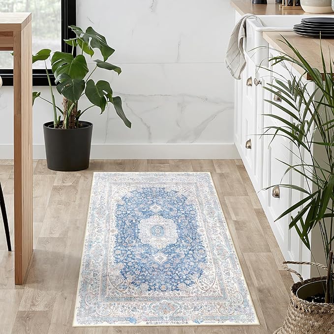 Small Rugs 2x3,Blue Rug for Entryway Bathroom Bedroom Kitchen Entrance Doormat,Boho Vintage Bohemian Distressed Washable Accent Floor Throw Carpet Non Slip,Floral
