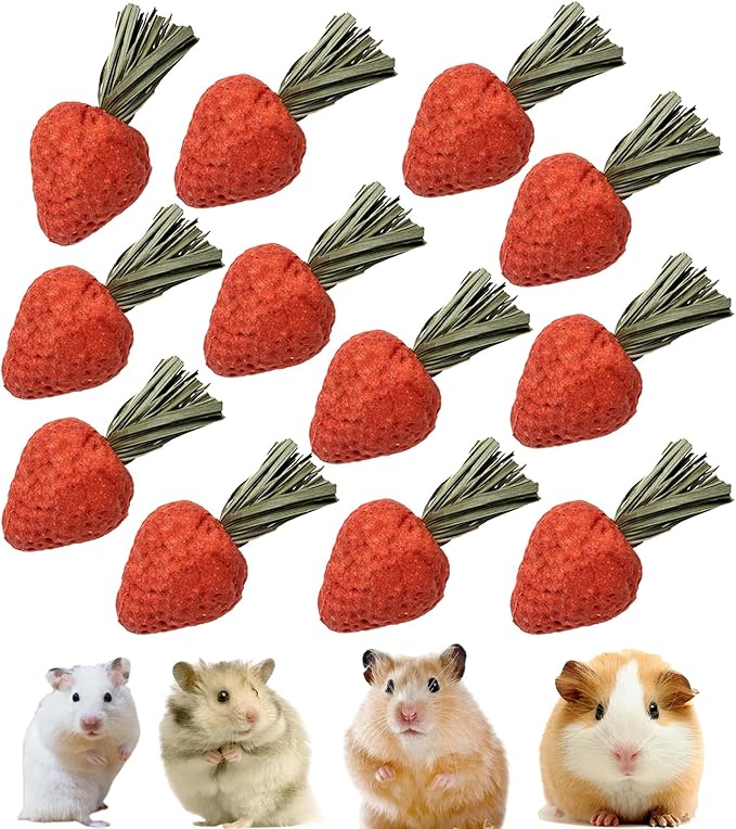 12PCS Hamster Chew Treats Strawberry Shape – Natural Timothy Hay Snacks for Small Animals, Teeth Grinding Toys for Hamsters, Rabbits, Guinea Pigs, Chinchillas