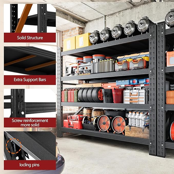 48" W Storage Shelves, 3000LBS Garage Shelving Heavy Duty Metal Adjustable Garage Shelves, Shelving Units Industrial Shelving for Warehouse, 48" W x 24" D x 69" H, Black