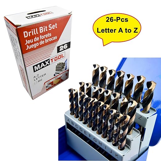 MaxTool Twist Drill Bit Set 26PCs High Speed Steel M2 Jobber Length Fully Ground for Metal Stainless Steel Plastic etc Letter A to Z; JBS02H10R26
