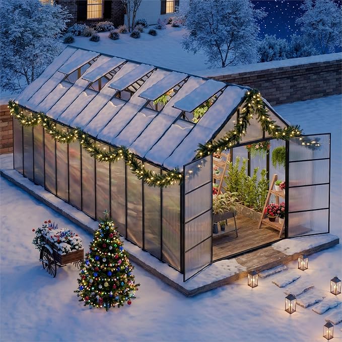 10'x10'x24' Snap-Together Greenhouse - Easy 3-Way Connectors, Heavy-Duty Aluminum Frame, Wind/Snow Resistant for Gardening/Urban Farming, Includes Sliding Door & Ventilation Windows