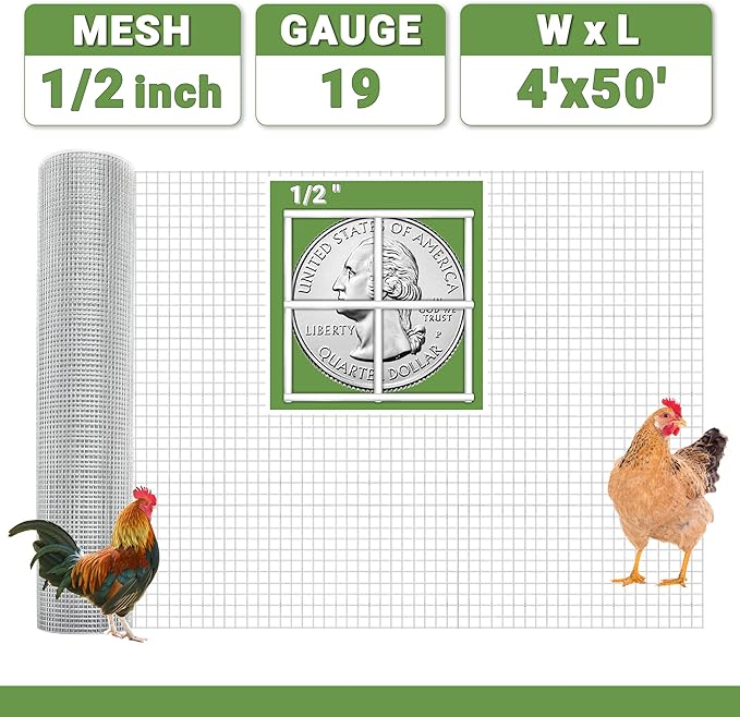 48 in x 50 ft 1/2 inch Hardware Cloth 19 Gauge Wire Fencing Galvanized Welding Garden Fence Roll Square Mesh Chicken Rabbit Snake Cage Heavy Duty Welding Fencing