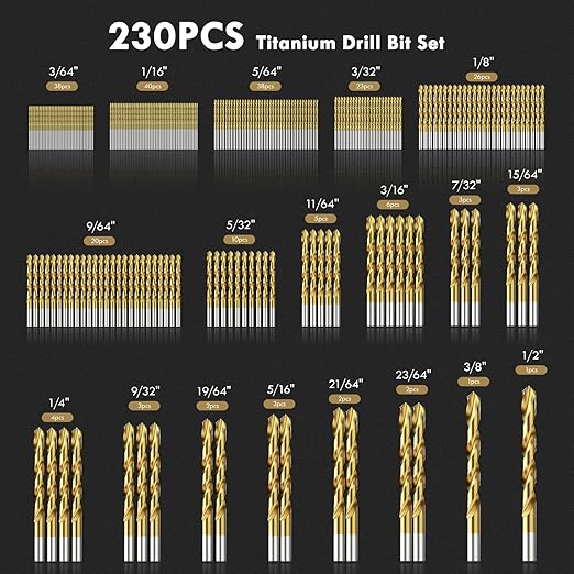 230Pcs Titanium Drill Bit Set, 135 Degree Tip HSS Drill Bit Kits, Sizes from 3/64" to 1/2" for Drilling Soft Metal, Aluminum, Copper, Wood and Plastic, with Plastic Indexed Case for Storage