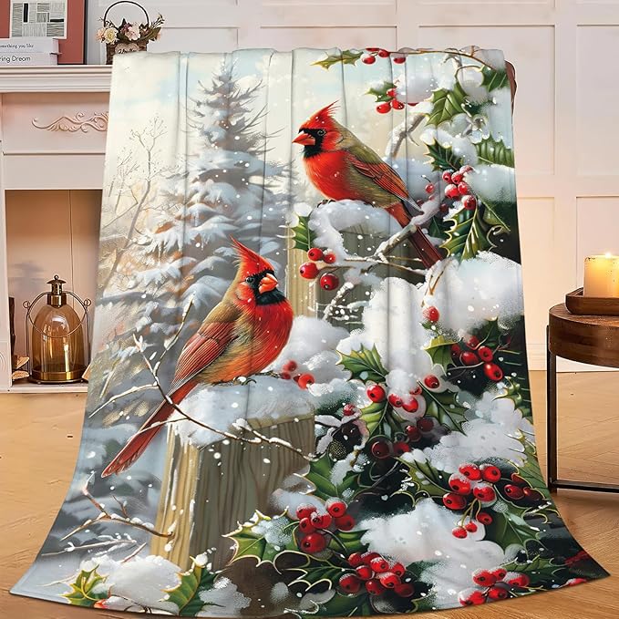 Dynova Christmas Bird Blanket Cozy Plush Red Birds Lovers Throw Blankets Fuzzy Flannel Fleece Winter Gifts for Girls Boys Women Men 80"X60"