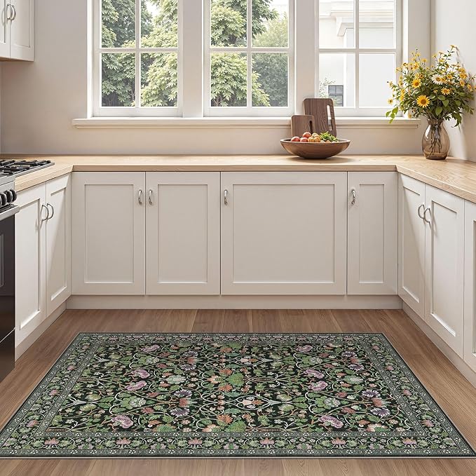 3x5 Area Rug Living Room Rugs - Washable Boho Vintage Floral Large Soft Non Slip Thin Rug Low Pile Carpet for Bedroom Dining Room Kids Playroom Office Decor Indoor- Green Dark