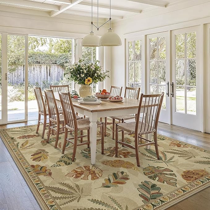 GENIMO 5x7 Area Rugs for Living Room, Machine Washable Non Slip Rugs, Low Pile Lightweight Print Rug for Bedroom, Dining Room, Home Office, Leafy Daylight