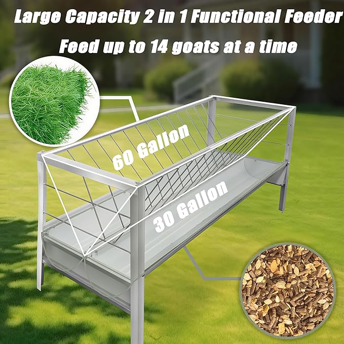 2-in-1 Goat Hay Feeder, Galvanized Steel Livestock Hay Feeder with 30 Gallon Feeding Pan, Detachabe Hay Rack for Sheep, Cow & Horse, Easy to Assemble, Silver