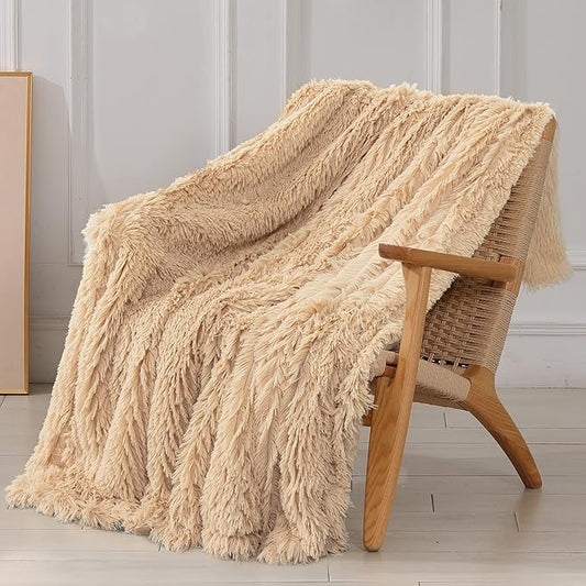Tuddrom Decorative Extra Soft Faux Fur Throw Blanket 50"x60",Solid Reversible Fuzzy Lightweight Long Hair Shaggy Blanket,Fluffy Cozy Plush Fleece Comfy Microfiber Blanket for Couch Sofa Bed,Apricot
