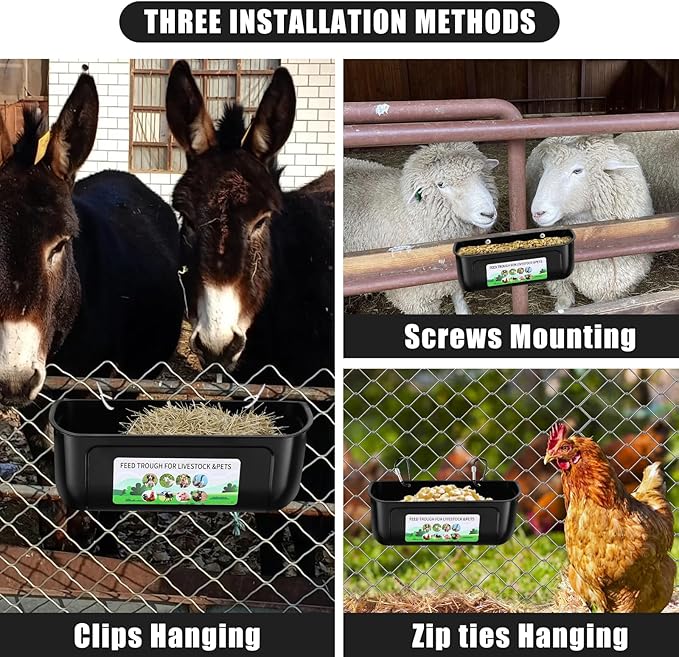 Chicken Feeder Waterer, 6 Pack Duck Feeder Supplies, Hanging Fence Feed Trough with Clips for Goat, Sheeple, Piglet, Gooses, Turkeys, Dog Livestock Poultry, Black