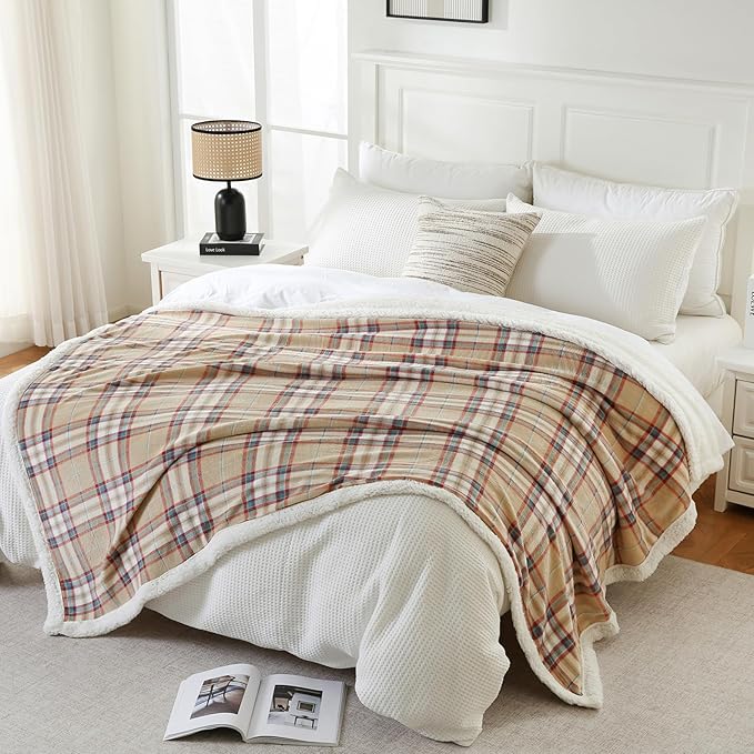PU MEI Sherpa Blanket Twin Plaid Thick Bed Blanket, 80”*90”Super Soft Flannel Fuzzy Fleece Reversible Velvet Plush Warm Blanket for Couch (Yellow Red Check)
