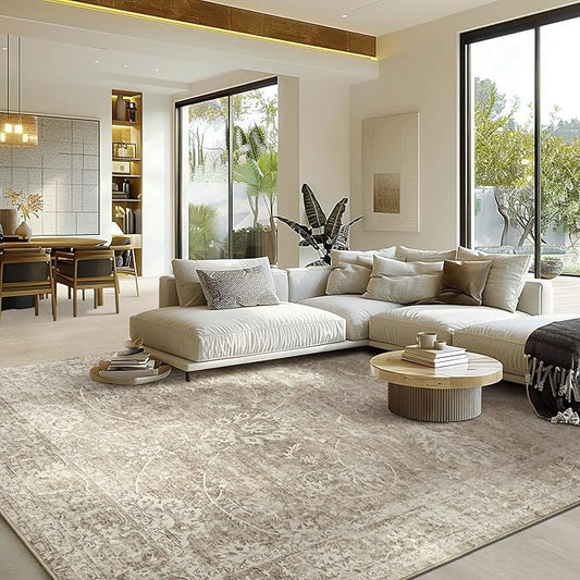 Madane 8x10 Area Rugs for Living Room, Machine Washable Vintage Rug with Non-Slip Backing, Soft Floral Print Large Throw Rugs, Thin Carpet for Bedroom Dining Room Farmhouse (8 x 10, Brown/Sand)