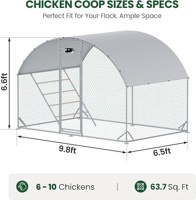 Chicken Coop Large Metal Chicken Run with Full-Top Waterproof Cover - Chicken House for 6/10 Chickens, Poultry Cage with Solar Light, Backside Poles, Walk-in Pen for Rabbits Ducks Yard 1 Room