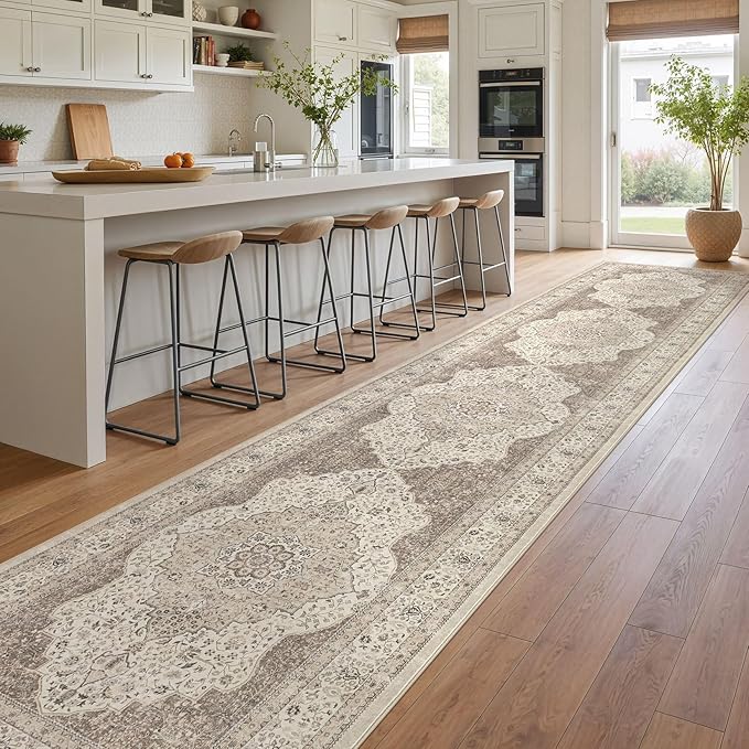 Washable 3x14 Hallway Runner Rug - Vintage Floral Stain & Fade Resistant Non-Slip Backing Ultra-Thin Long Carpet for Entryway, Bedroom, Kitchen, Corridor Decor (Brown/Beige)