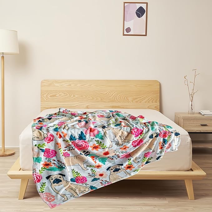 Cute Pug Blanket for Women Girls Kids Adults 40" x 50", Dog Flannel Throw for Sofa Couch Bed Living Room, Gifts for Animal Lovers