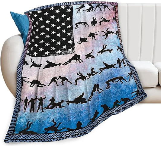 Wrestling Blanket American Flag Decor Throw Blanket Super Soft Flannel Lightweight Fluffy Plush Fuzzy Fleece Sports Blanket Gifts for Wrestler Boys Man Woman Girls Kids Adults for Bed Sofa 40"X50"