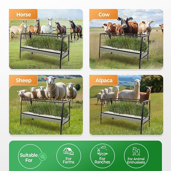 Pasture Hay Feeder 2 in 1 55 Gallon Livestock Feed Trough with 22 Gallon Feed Pan Hay Grain Livestock Feeder for Sheep, Calf, Cow and Horse