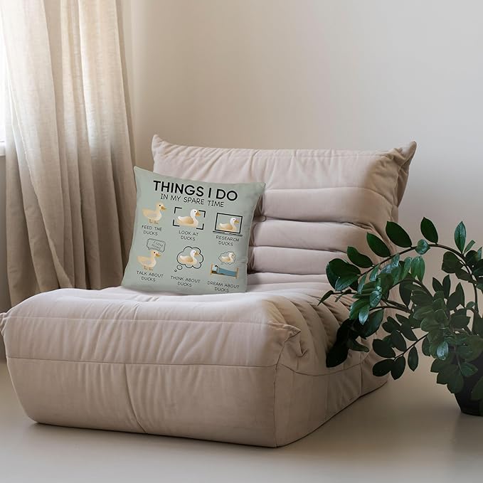 Funny Duck Throw Pillow Covers 18 x 18-Things I Do In My Spare Time Duck Decorative Pillow Covers,Funny Duck Gifts,Duck Gifts for Duck Lovers,Duck Themed Gifts for Women,Duck Decor (Sage Green)