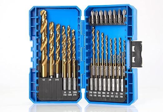 amoolo Impact Drill Bit Set, 33pcs Titanium HSS Twist Hex Shank Drill Bit Set for Metal, Steel, Wood, Plastic, Quick Change Design Plus 8pcs PH2 Short bits (1/16''-1/2'')