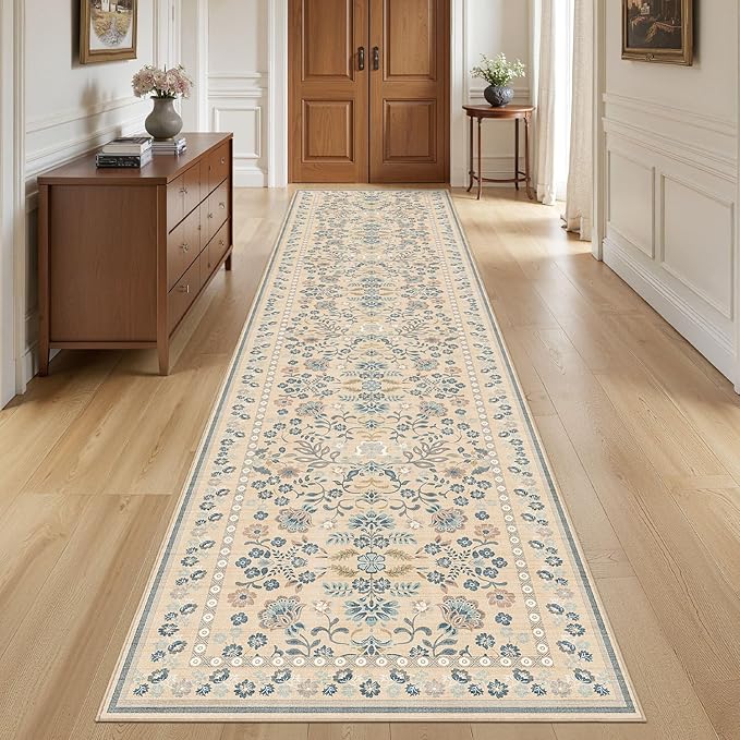 3x12 Runner Rug for Hallways Kitchen: 3x12 Washable Area Rug Boho Floral Soft Long Rug - Non-Slip Low Pile Throw Indoor Carpet for Entryway Kitchen Bedroom Laundry Bathroom- Multi Color