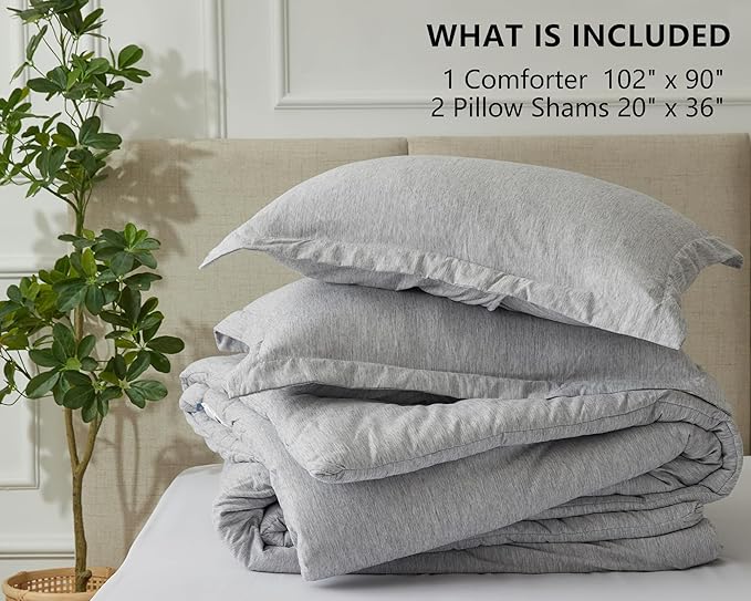CozyLux King Size Comforter Set - 3 Pieces Light Grey Soft Luxury Cationic Dyeing Bedding Comforter for All Season, Light Gray Breathable Lightweight Fluffy Bed Set with 1 Comforter and 2 Pillow Shams