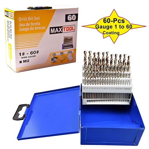 MaxTool Twist Drill Bit Set 60PCs High Speed Steel M2 Jobber Length Fully Ground for Metal Stainless Steel Plastic etc Number 1-60; JBS02G10R60