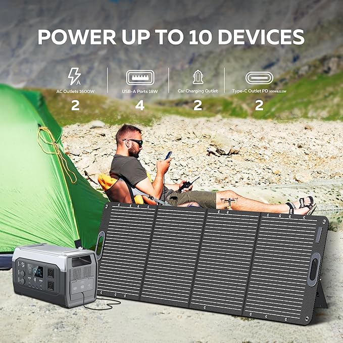 Solar Generator with 200W Solar Panel,1024Wh LiFePO4 Battery, 1600W AC Outlets (2600W Surge), Portable Power Station for Outdoor Camping Outages RV Travel Home Backup Power