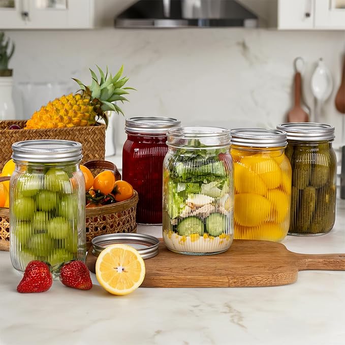 WELLIFE 6 Pcs Wide Mouth Mason Jars 32 OZ,Large Mason Jars for Food Storage, Overnight Oats,Honey,Sauces,Meal Prep,Salad,Yogurt