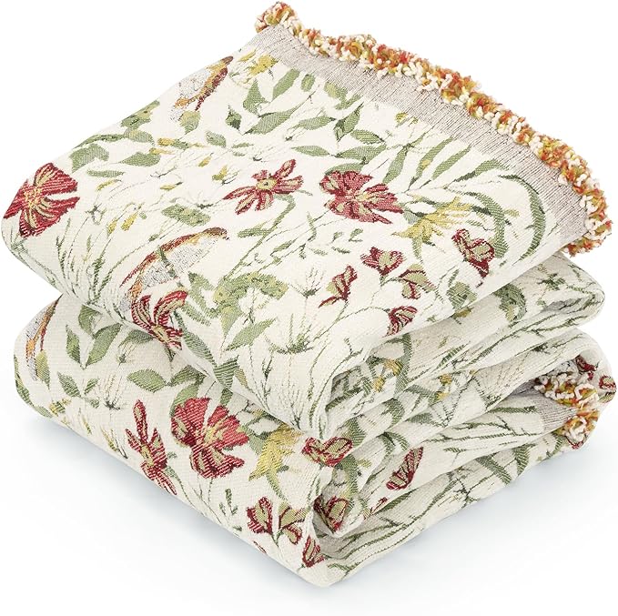MACEVIA Boho Throw Blanket for Bed, Cardinal Bird Floral Throw Blanket, Floral Woven Boho Blankets and Throws with Tassel for Couch Sofa, All Season Cottagecore Decor Blanket (Cardinal 50"×70")