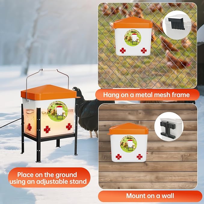 Nexum 2 Gallon Heated Chicken Waterer, Thermostatically Controlled Anti-Freeze Poultry Drinker with 4 Nipples & Adjustable Stand for Winter Coop Accessories (Orange)