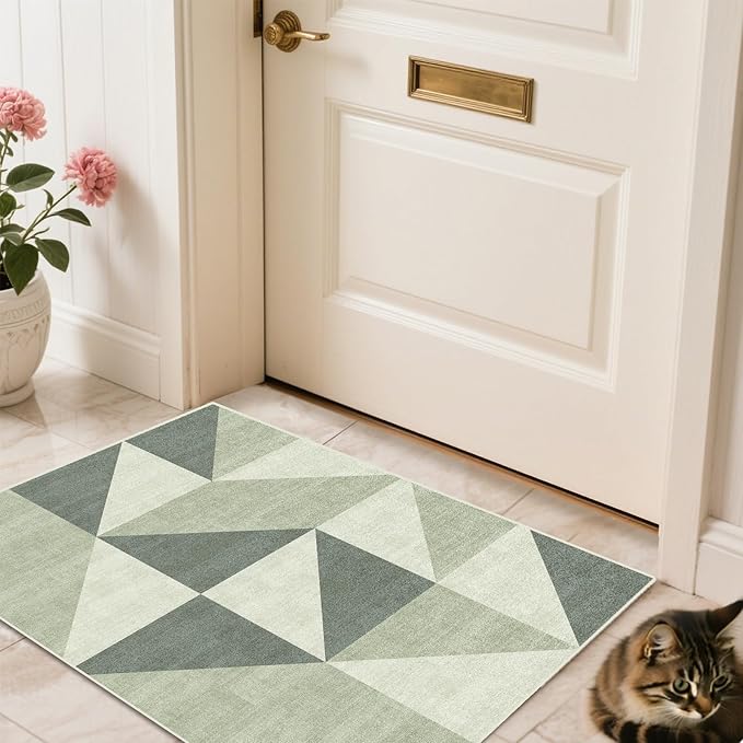 2x3 Abstract Geometric Modern Small Carpet Washable Green Area Rugs Doormat for Entryway Bathroom Living Room Bedroom Washing Room Non Slip