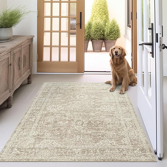 Madane 3x5 Area Rugs for Entryway,Washable Vintage Low Pile Non-Slip Throw Area Rugs, Accent Rug Floral Print Indoor Mat for Bedside Living Room Kitchen Bedroom, Brown/Sand