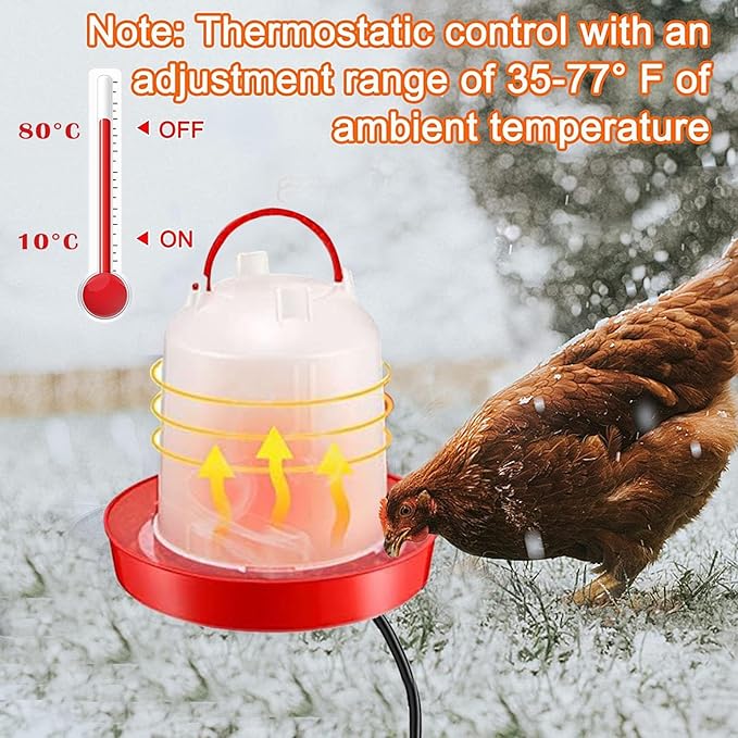 Heated Chicken Waterer for Winter 6L/1.5Gallon, Thermostatically Controlled Heated Poultry Waterer, Red Plastic Water Dispenser with Heater for Chicks Ducks Livestock