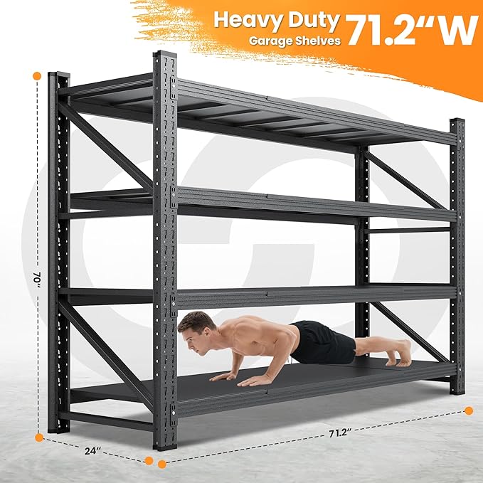 71”W Garage Shelving Units, 5000LBS Storage Shelves Heavy Duty, 24" Deep Metal Shelving Rack, 4 Tier Large Tall Industrial Shelving , Adjustable Standing Shelf for Warehouse / Shop 71"W x 24"D x 70"H