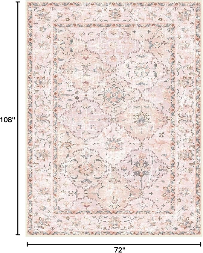 Washable Boho Vintage Area Rugs 6×9 Non-Slip Traditional Pink Area Rug for Nursery Living Room Bedroom Dining Room Girls' Room