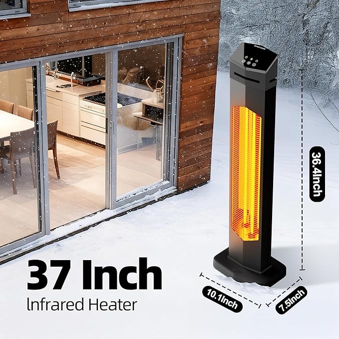 AKIRES 37IN Outdoor Electric Patio Heater,Portable Infrared Heaters With Remote,IP54 Waterproof Tower Space Heater,12H Timer,Large Room Heater for Garage Backyard Porch Balcony Shop Patio,Black