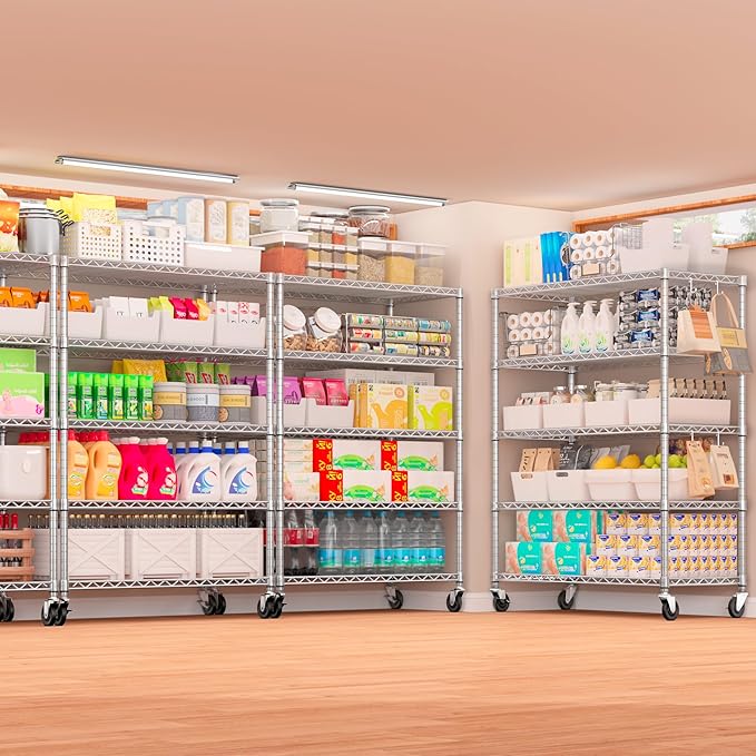 PrimeZone 5 Tier 48" Wx24''Dx81''H Wire Shelving with Wheels 3000lbs NSF Certified Storage Shelves Heavy Duty Metal Shelf Adjustable Rolling Rack Commercial Garage Restaurant Warehouse Chrome 3Pack
