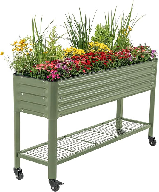 Rolling Elevated Raised Garden Bed - Slim Series, 1.5' x 5.5' Outdoor Planters Boxes with Legs & Storage Rack for Patio, 750 Lbs Weight Capacity, Raised Beds for Gardening Herbs Flowers, Olive Green
