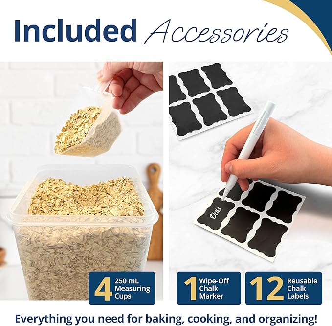 Reli. 6.5L Airtight Food Storage Containers with Lids (4 Sets) | Kitchen Organizers and Storage Containers, Pantry Organizers | BPA Free Plastic XL Set w/ 4 Measuring Cups, 12 Labels, Pen