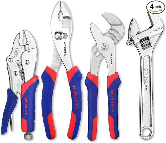 WORKPRO Pliers Set 4-piece Locking Plier Slip-joint Plier Groove Joint Pliers and Adjustable Wrench Home Maintenance Tool Kit