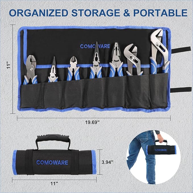 COMOWARE 7Pcs Pliers Set, Mechanic Plier with Rolling Pouch, 10", 8" Groove Joint Pliers, 8" Adjustable Wrench, 8" Linesman, 6" Long Needle Nose, 6" Slip Joint, 6" Diagonal, Roll-Up Pouch Organizer
