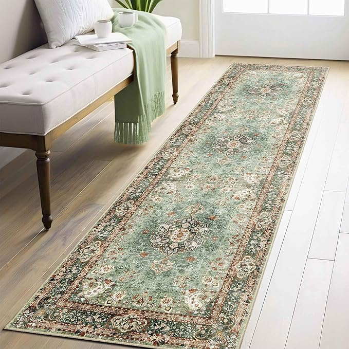 Washable Runner Rug 2x8,Green Rug Runners Non Slip,Long Boho Rugs for Hallways Kitchen Bedroom Entryway Living Room Bathroom,Vintage Bohemian Distressed Oriental Floor Carpet