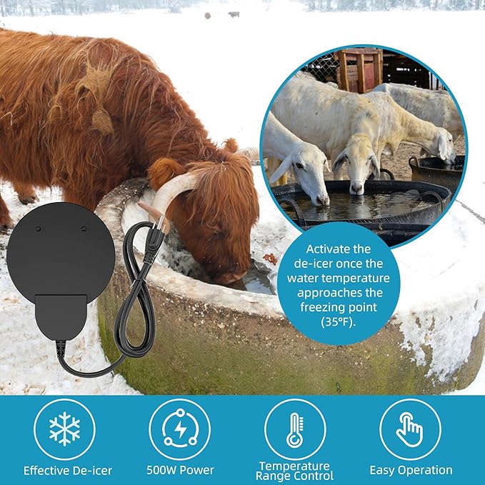 500W De-Icer Birdbath Heater with Black Teflon Coating, Integral Cast Aluminum Trough Heater for Livestock,Poultry, Birds, and Wildlife, Winter Use for Chicken Water Heater,9.84FT Cord