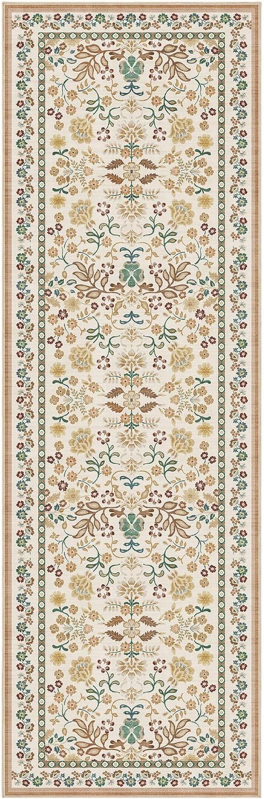 3x8 Runner Rug for Hallways Kitchen: 3x8 Washable Area Rug Boho Floral Soft Long Rug - Non-Slip Low Pile Throw Indoor Carpet for Entryway Kitchen Bedroom Laundry Bathroom - Brown