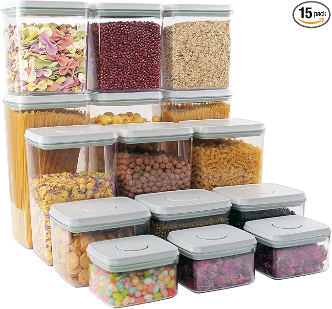 Pop Containers with Lids - Stackable Airtight Food Storage, Kitchen Pantry Storage Containers for Snacks Candy Salt Herbs Spices BPA-Free (15PCS (0.5 + 1.2 + 2.0 + 2.7 + 3.3 Qt) * 3)