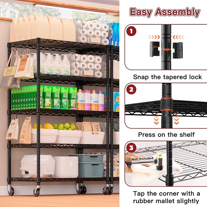 PrimeZone Wire Shelving Unit with Wheels, 5 Tier Adjustable NSF Certified Heavy Duty Metal Storage Shelves, Pantry Organizer Rack Rolling Kitchen Shelf for Closet, 24" W x 18" D x 75" H, Black, 3 PCS