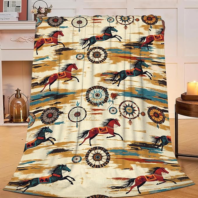 Dynova Horse Blanket Cozy Plush Western Cowboy Throw Blankets Fuzzy Flannel Fleece Cowgirl Native Gifts for Girls Boys Women Men 80"X60"