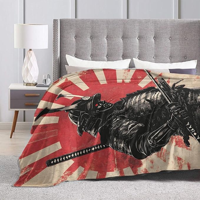 Japanese Samurai Throw Blanket Asian Warrior Flannel Blankets Japan Bushido Fuzzy Plush Super Soft Cozy Warm Decor Gifts for Boys Girls Kids Adults Men Women 60" x 80"